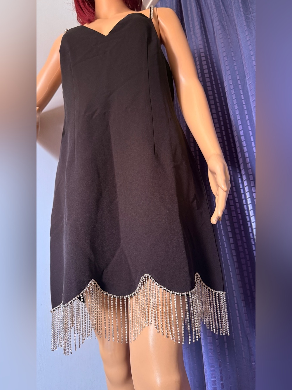FORE New York & Company Black Rhinestone Fringe Dress Size L NWT